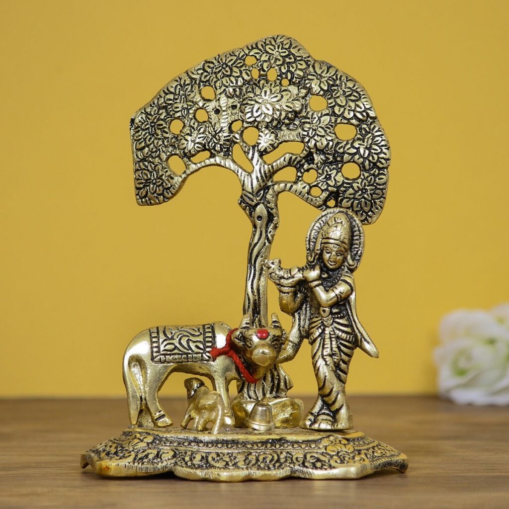 eCraftIndia Golden Lord Krishna Idol Playing Flute Under Tree Idol