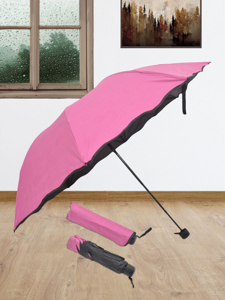 FABINALIV Pink Solid Waterproof Compact 3 Fold Magic Umbrella